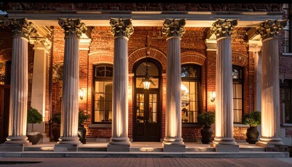 Fototapeta premium Brick Building Entrance with Classical Columns at Night