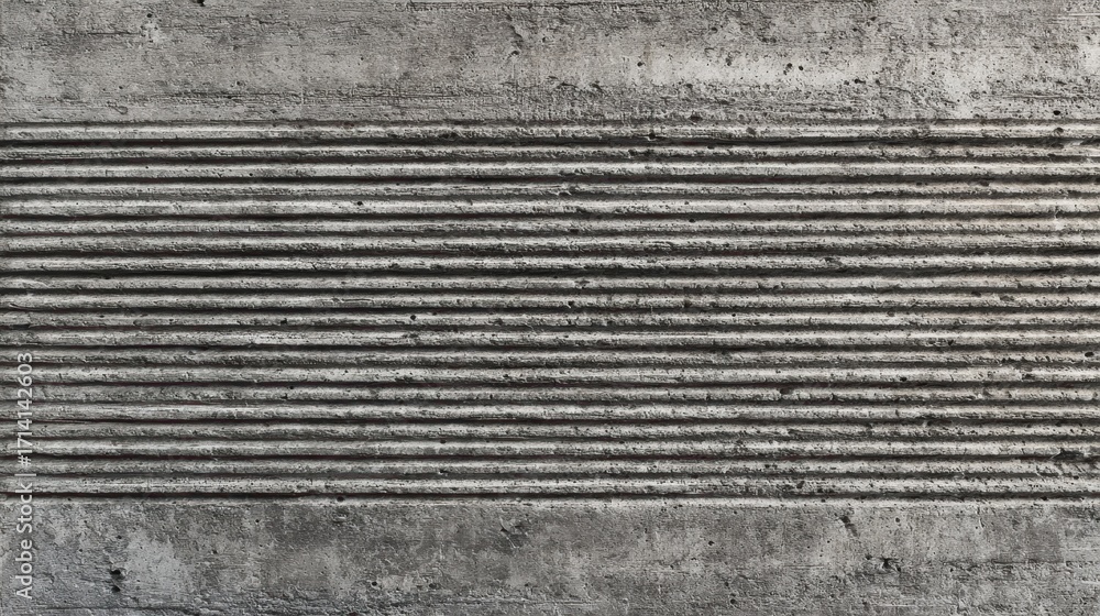 Poster concrete wall showcasing horizontal grooved lines and weathered texture, creating a robust industria