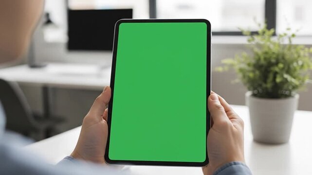Hands holding a tablet with a blank green screen, perfect for mockup use in an office setting