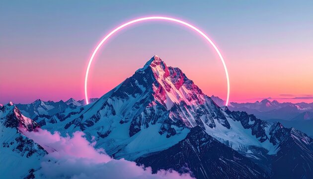Pink Neon Ring Encircling Snowy Mountain Peak at Sunset - Powered by Adobe