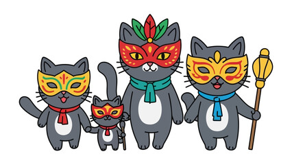 Festive Feline Fete: An adorable cartoon featuring a group of masked cats in colorful attire, celebrating a vibrant holiday or event with playful energy.