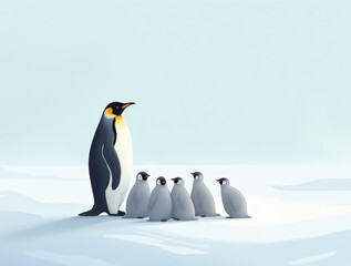 Obraz premium Illustrated emperor penguin with gray-down chicks on calm snow