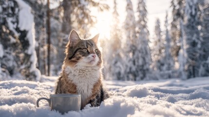 Obraz premium Cat sitting in snow with coffee cup in winter forest setting 