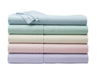 Isolated stack of folded colorful bedsheets on display, laundry pile, pastel colors