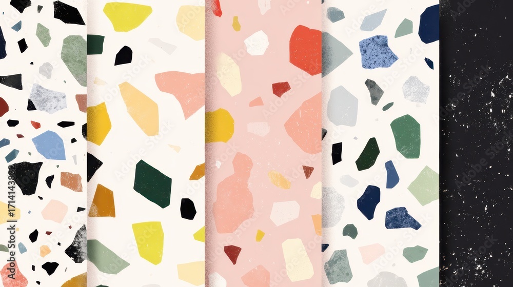 Poster terrazzo pattern abstract backgrounds set featuring seamless designs in various colors, showcasing m