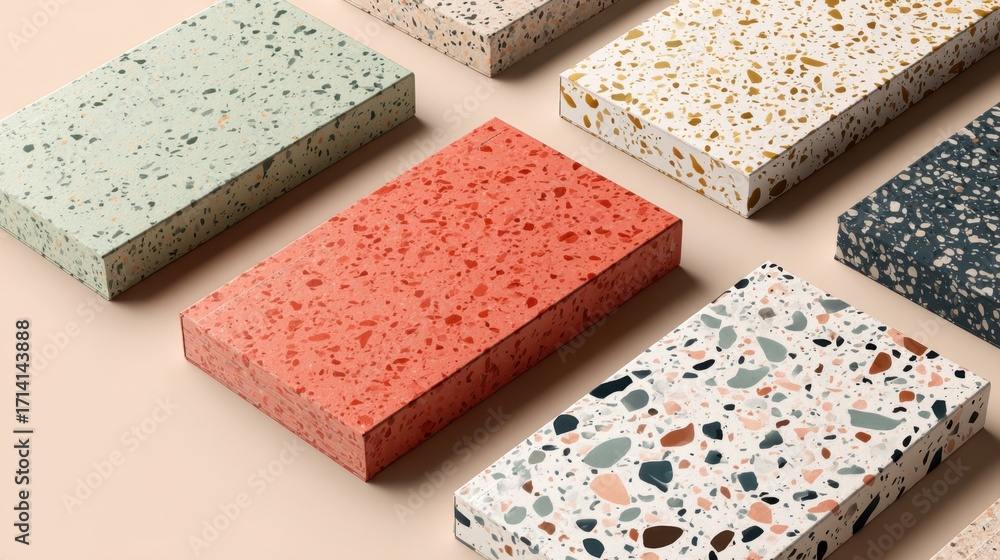 Aufkleber terrazzo pattern samples in diverse colors displaying a decorative stone texture for contemporary in