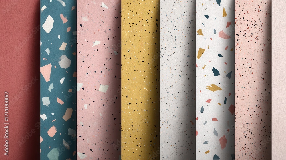 Poster seamless terrazzo patterns showcasing various colors like teal, pink, yellow, and white, creating a 
