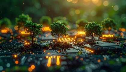 Green Technology Concept with Plants Growing on Circuit Board