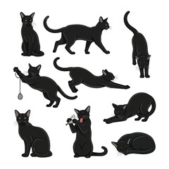 Black Cat Poses Collection: A stylish collection of black cat illustrations, each portraying unique poses from sitting elegantly to playful interactions.
