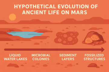 Fototapeta premium Illustration of ancient life on Mars, depicting lakes, microbes, sediment layers, and fossilized structures in timeline order.