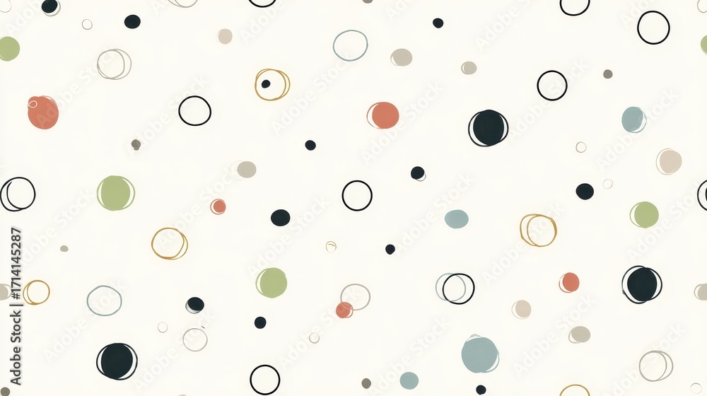 Poster hand drawing colorful circles and polka dots forming a seamless abstract pattern on a light creamy b