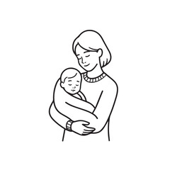 Black and white line art of a beautiful mother lovingly embracing her baby minimalist tender illustration