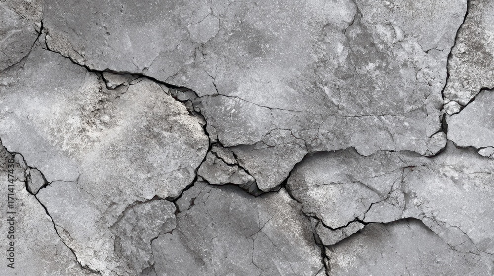 Poster gray concrete wall displaying large cracks and fissures, creating a pattern of broken segments, symb