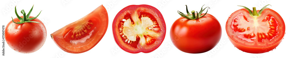 Poster png various views of fresh tomatoes, whole and sliced element set on transparent background.