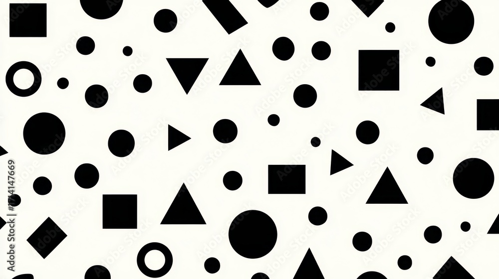 Poster abstract geometric pattern featuring a random scattering of black circles, squares, and triangles on