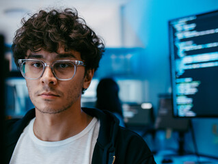 Obraz premium Concentrate Male Software Developer looking at Computer Screen, Using Desktop Computer Writing Code, Analysis data, Ai Machine Learning project Development, Cyber Security working in Office at Night.