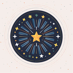 Celebration Burst: Gold Star Fireworks in Dark Blue Circle