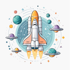 Space Shuttle Launching Amidst Planets and Stars