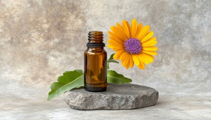Amber medicine bottle with vibrant flowers showcasing natural wellness and skincare remedies