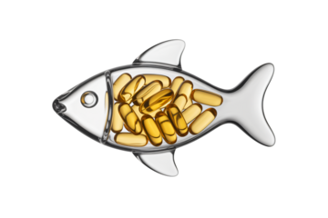 Fish oil capsules in clear glass fish dish for health and wellness