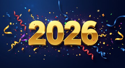 Golden 2026 Numbers with Colorful Confetti and Ribbons on Dark Blue Background