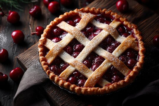 Overhead shot of a vibrant cherry pie with lattice crust dusted with powdered sugar on wood.