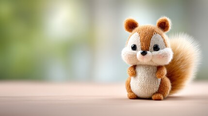 Cute plush squirrel standing on wooden surface with blurred background  