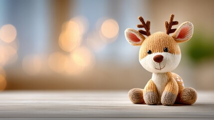 Cute plush reindeer toy sitting on wooden table with blurred background  