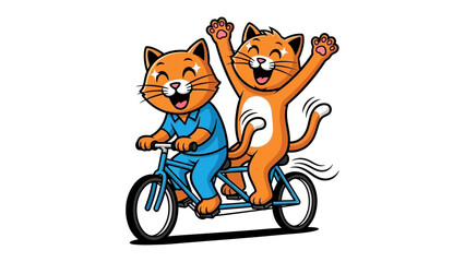 Joyful Journey: Two charming cartoon cats embark on a tandem bicycle adventure, radiating pure happiness and camaraderie, illustrating friendship and shared experiences.