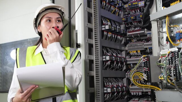 Asia female engineer inspecting industrial machine parts, wearing helmet and safety vest, using walkie talkie for communication, system maintenance, and workplace safety in factory environment