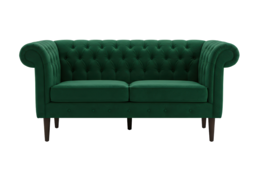 Isolated dark-green Chesterfield sofa, two-seater couch for living room, tufted velvet furniture