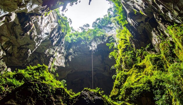 Lush cave interior, sunlight beams down