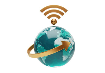 Isolated Earth globe with wi-fi symbol and orbiting arrow representing global connection