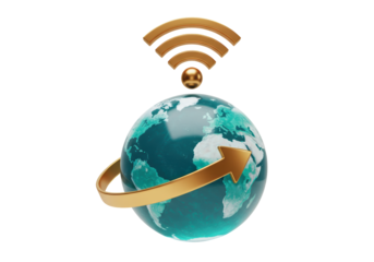 Isolated Earth globe with wi-fi symbol and orbiting arrow representing global connection