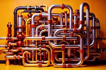 Complex network of silver pipes with orange and red accents on vibrant orange background, evoking industrial precision and engineered flow