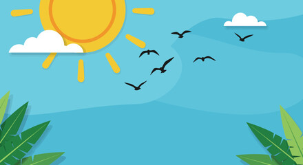 A blue sky scene with a yellow sun white clouds birds and green leaves