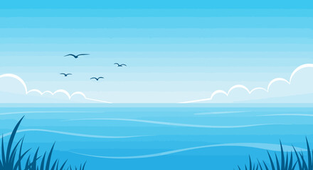 A blue seascape with clouds birds and grass at the bottom
