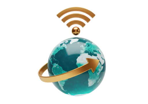 Isolated Earth globe with wi-fi symbol and orbiting arrow representing global connection