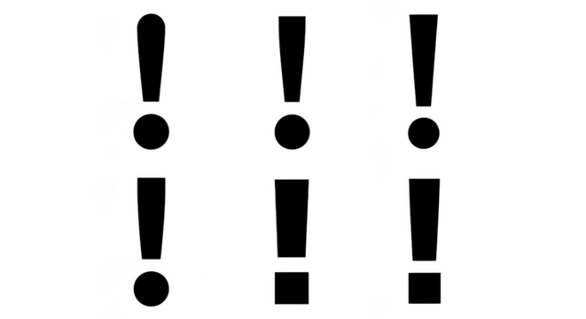 Three black exclamation marks are arranged in a row, with two dots below each isolated on transparent background