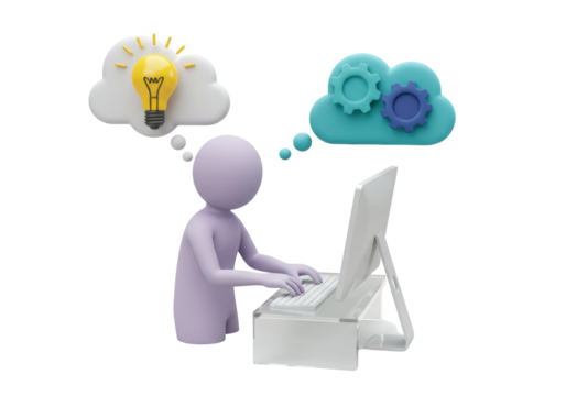 Isolated man brainstorming, idea generation, technology innovation, software development