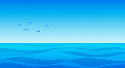 Blue sky ocean and silhouetted birds Layered water forms abstract waves