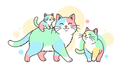 Playful Pastel Cats: A heartwarming illustration of three adorable cats, showcasing their tender companionship and colorful, whimsical presence with lighthearted affection.