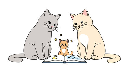 Magical Cat Family: A heartwarming cartoon illustration depicts two adult cats gazing at a kitten, who is surrounded by stars while sitting on an open book.