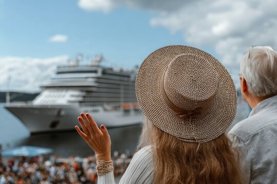 Joyful couple celebrating retirement, waving goodbye as they embark on a dream vacation adventure.