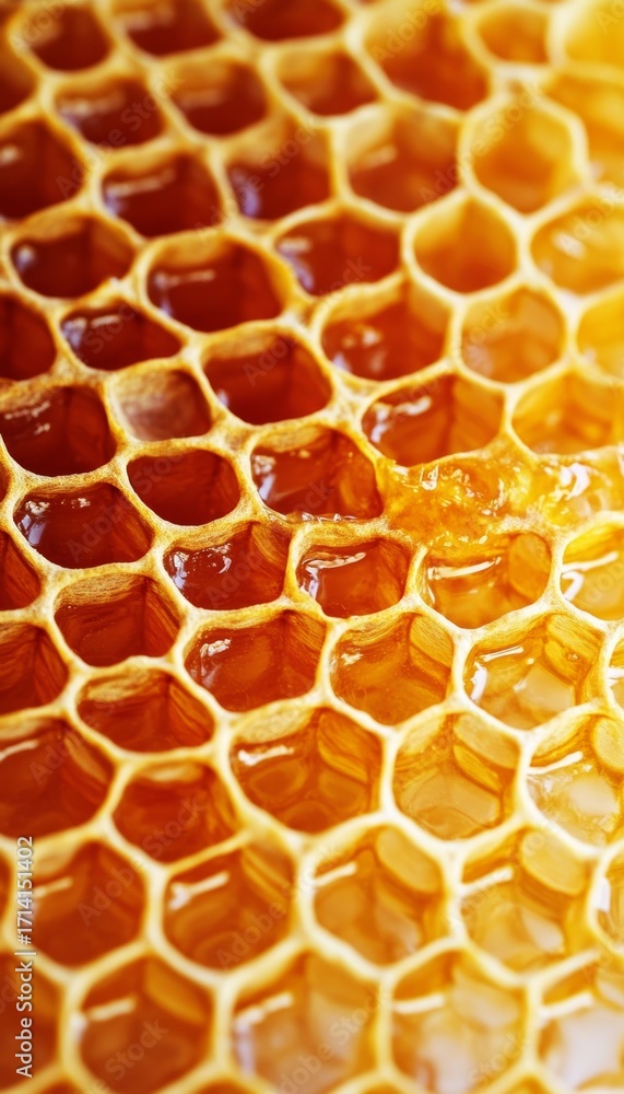Poster detailed close-up of golden honeycomb pattern showcasing raw honey cell structure and texture