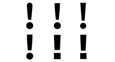 Three black exclamation marks are arranged in a row, with two dots below each isolated on transparent background