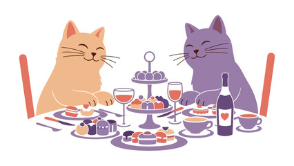 Feline Festivities: Two cheerful cats share an elegant tea party scene, surrounded by an array of delicious treats, evoking a sense of joy and companionship. 