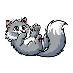 Playful Kitten Illustration: A charming illustration of a fluffy gray and white kitten, rolling and playing, radiating pure joy and cuteness.