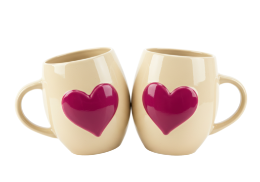 Isolated matching mugs with red heart decorations, ideal for romantic occasion or gift concept