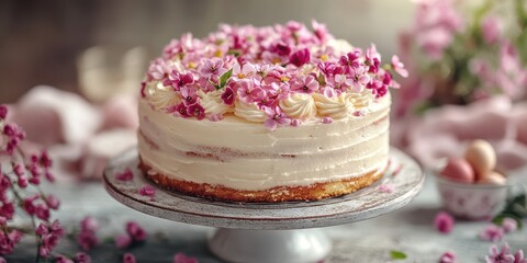 Beautifully decorated cake with pink flowers on a rustic table setting in a cozy environment